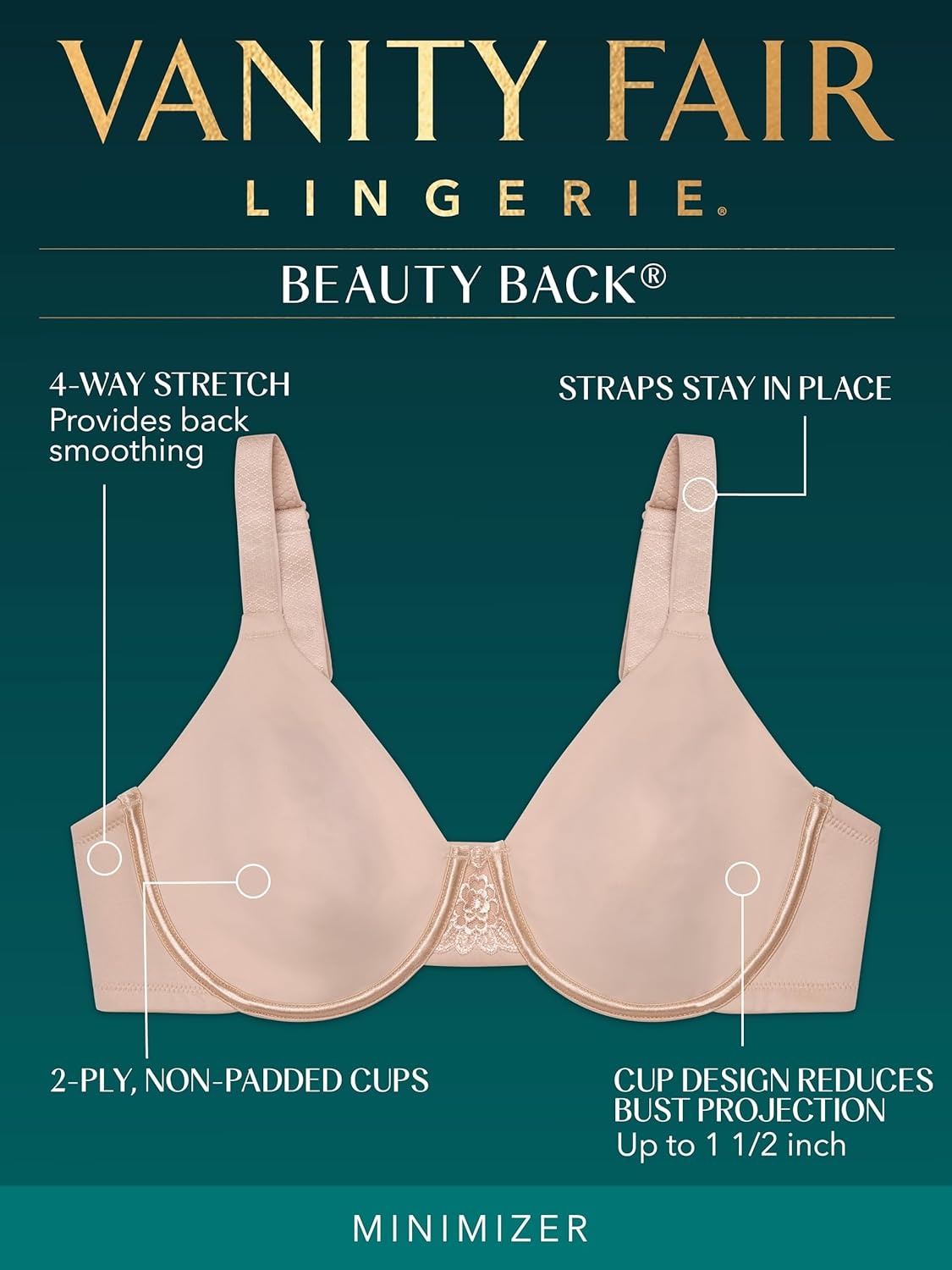 image:imageVanity Fair Womens Beauty Back Smoothing Minimizer Bra Minimizes Bust Line up to 15 Non Padded Cups up to HCharmed Violet