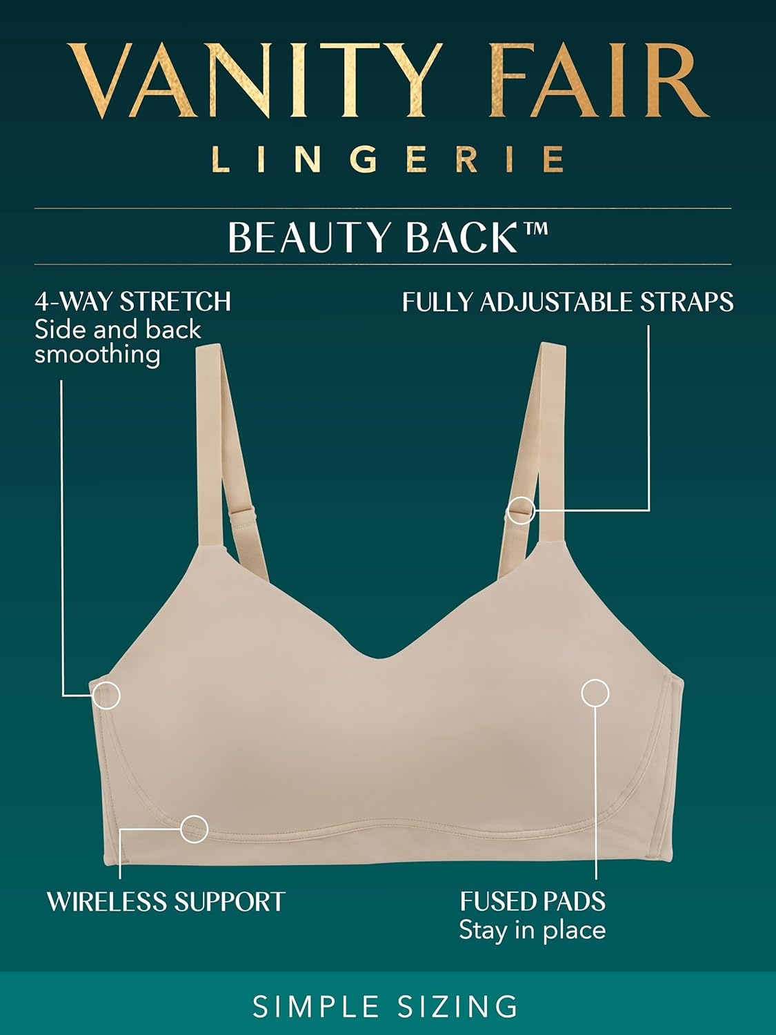 image:imageVanity Fair Womens Beauty Back Smoothing Simple Sizing Wireless Bra 4Way Stretch Fabric Sizes S3XLGentle Lavender