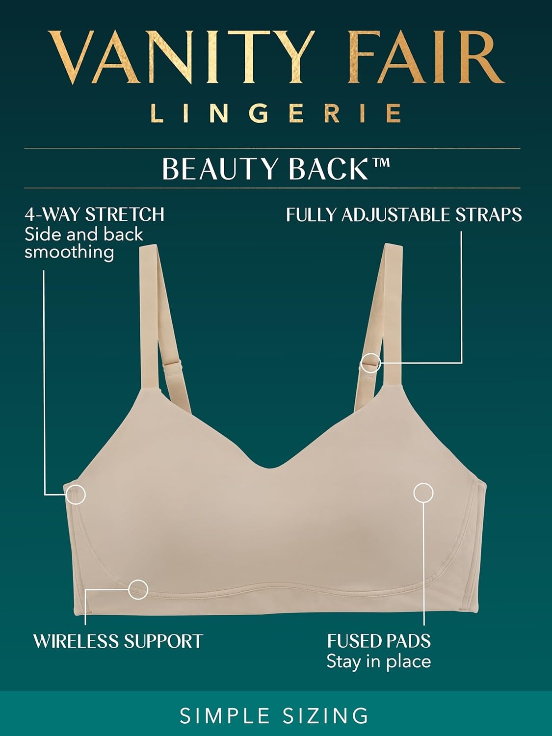 image:imageVanity Fair Womens Beauty Back Smoothing Simple Sizing Wireless Bra 4Way Stretch Fabric Sizes S3XLSoft Violet