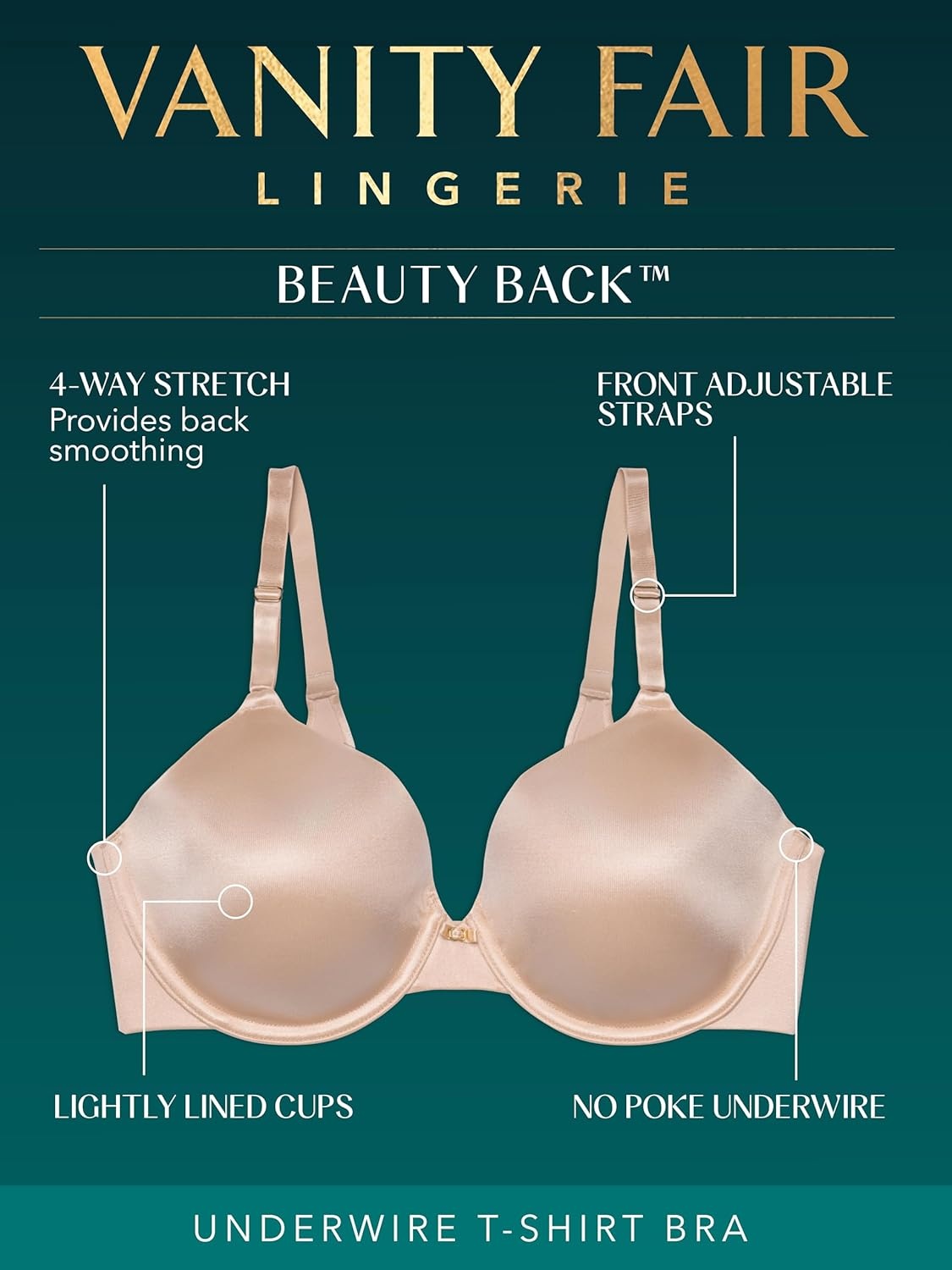 image:imageVanity Fair Womens Full Coverage Beauty Back Smoothing Bra 4Way Stretch Fabric Lightly Lined Cups up to DDUnderwire Black