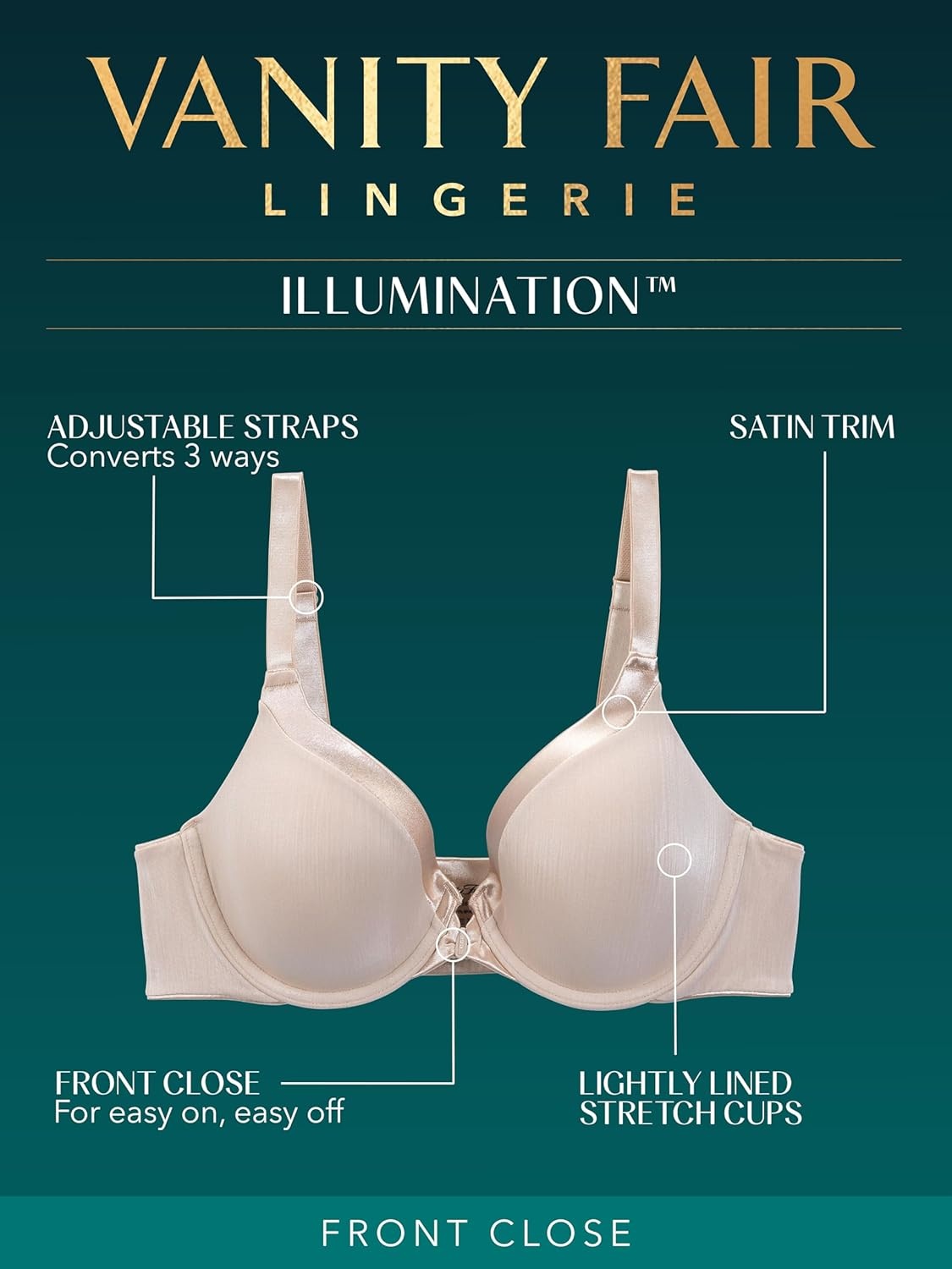 image:imageVanity Fair Womens Illumination Front Closure Bra 3Way Convertible Straps Lightly Lined Cups up to DDWhite