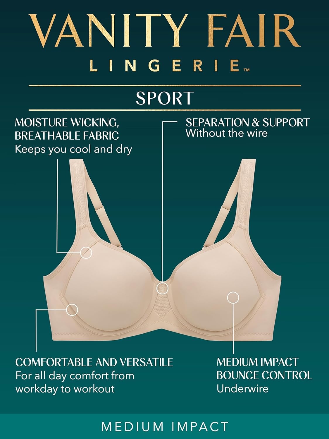 image:imageVanity Fair Womens Medium Impact Sports Bras for Women Breathable Moisture Wicking Padded Cups up to DDDUnderwire Neutral