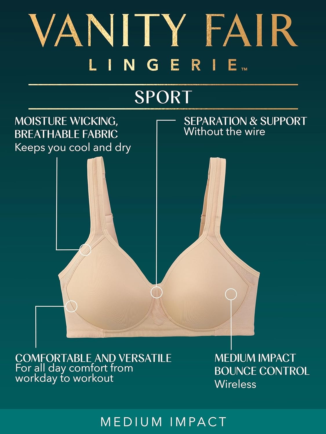 image:imageVanity Fair Womens Medium Impact Sports Bras for Women Breathable Moisture Wicking Padded Cups up to DDDWireless Neutral
