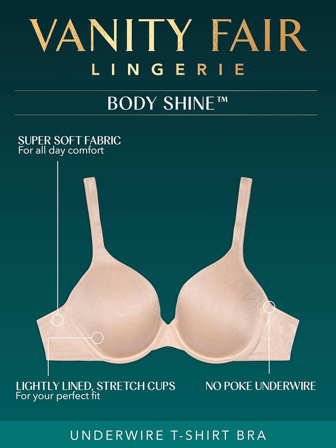 image:imageVanity Fair Womens Perfect TShirt Bra Body Shine Full Coverage Lightly Lined Cups up to DDUnderwire Beige