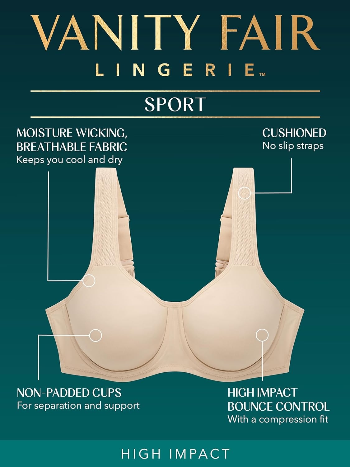 image:imageVanity Fair Womens High Impact Sports Bras for Women Breathable Moisture Wicking Non Padded Cups up to DDDNeutral