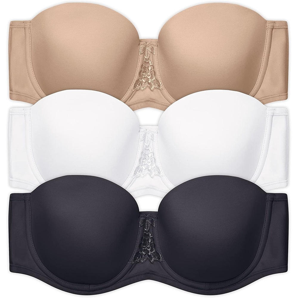 image:imageVanity Fair Womens Beauty Back Smoothing Strapless Bra 4Way Stretch Fabric Lightly Lined Cups up to H3 Pack BlackWhiteBeige