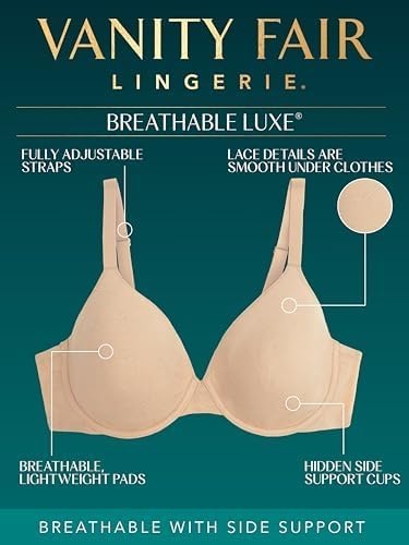 image:imageVanity Fair Womens Breathable Luxe Lightweight Bra Natural Shaping Light amp Airy Underwire Bras Full Coverage CupsDamask Neutral