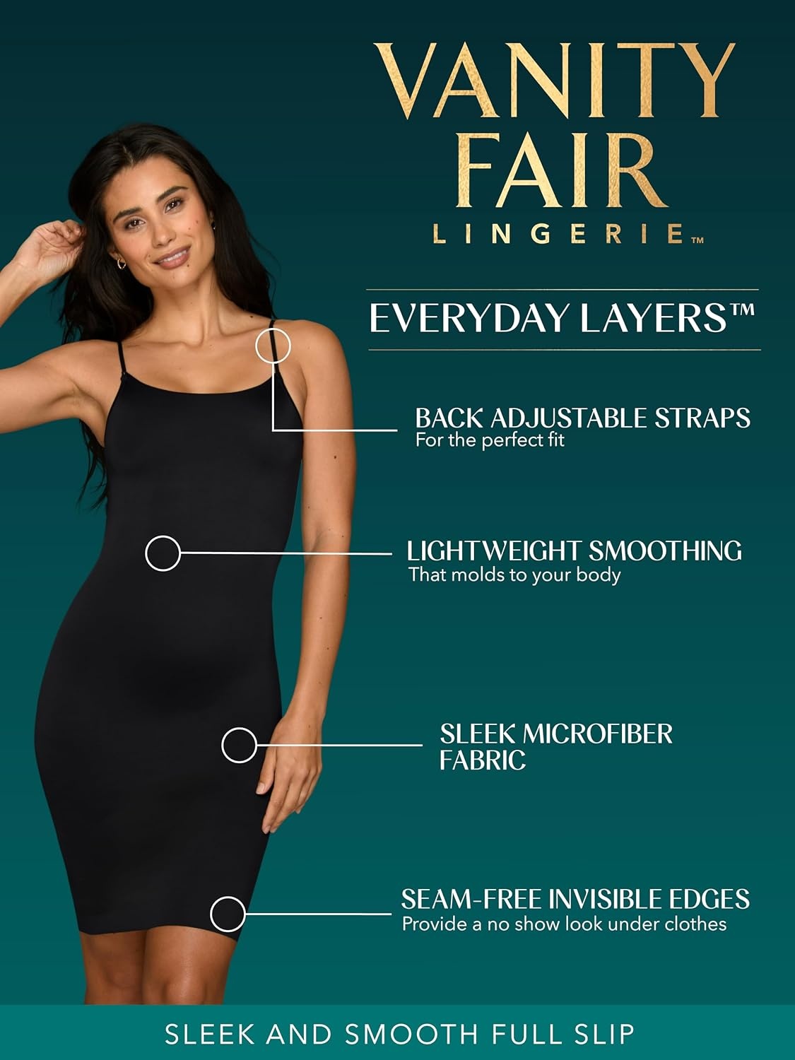 image:imageVanity Fair Womens Shapewear Slip Tummy Control Full Slip Cami Dress Seamless Smoothing Adjustable Spaghetti StrapStar White